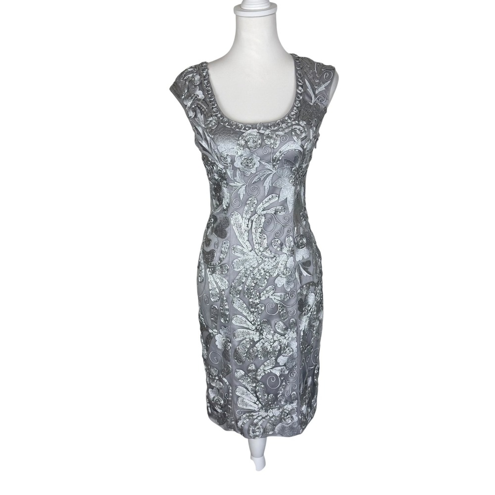 Sue Wong Nocturne Platinum Floral Sequin Beaded Sheath Dress N5163 Size 2 NEW